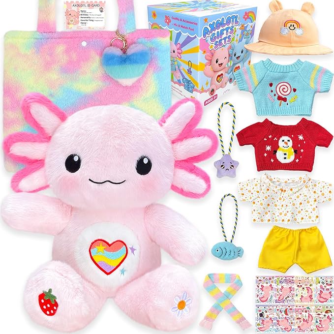 KUMANEKO Cute Axolotl Plush Gift Set with 12 Pcs Axolotl Stuffed Animal Clothes & Accessories, 13-Inch Axolotl Toy, Birthday/Graduation Gifts for 3/4/5/6/7/8/9/10/11/12 Girls Kids