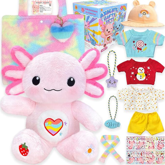 KUMANEKO Cute Axolotl Plush Gift Set with 12 Pcs Axolotl Stuffed Animal Clothes & Accessories, 13-Inch Axolotl Toy, Birthday/Graduation Gifts for 3/4/5/6/7/8/9/10/11/12 Girls Kids