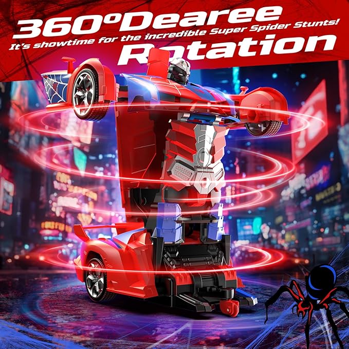 DEERC Spider RC Car Transform Robot, 2.4GHz Remote Control Spider Cars for Kids, 1:18 Scale Toy Car W/One-Key Transformation, 360° Rotation, Auto Mode, Rechargeable Battery, Robot for Man Boys