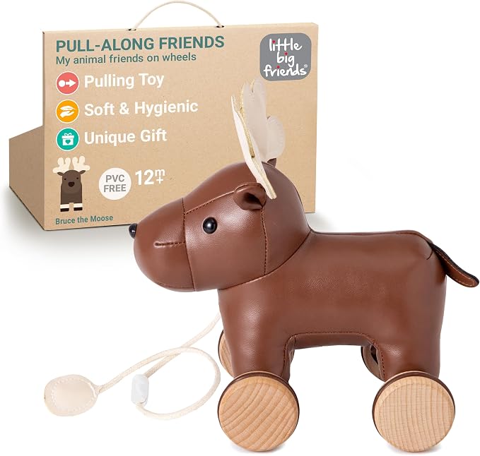 Little Big Friends Moose Pull Toy for Toddlers | Soft Walking Toy with Adjustable Cord | Classic Baby Push & Pull Toy | Bruce The Moose