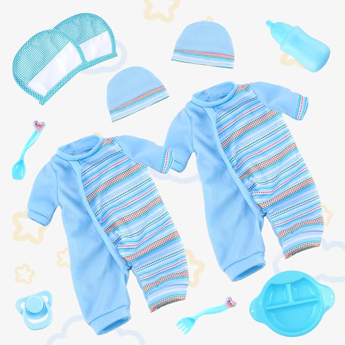 Toy Choi's Twin Baby Dolls 12 inch Soft Body Black and White Doll Set, Babydoll Playset with Rompers, Hat, Pacifier and Doll Bibs, Gifts Toys Toddlers Kids Boys and Girls | Blue Outfit Doll Set