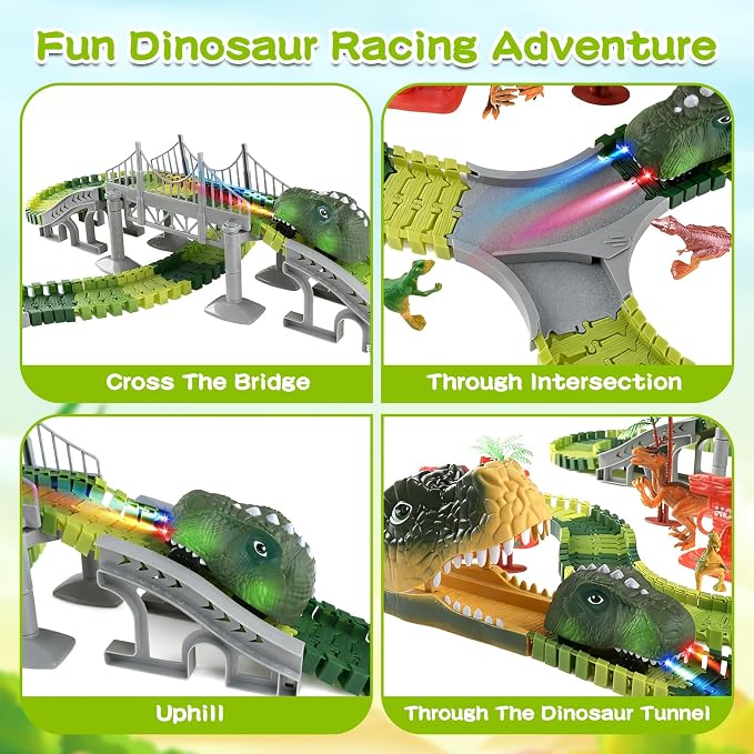 Dinosaur Toys Race Track for Boys 3-5 5-8 Year Old, Flexible Train Tracks Set with LED Light Up Dino Car, Dinosaur World Adventure Toys, STEM Birthday Gifts for Toddlers Kids Age 3 4 5 6 7