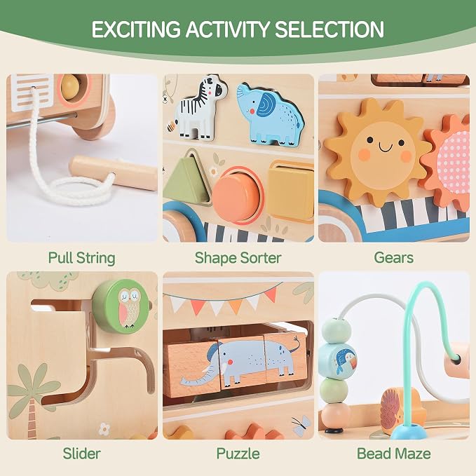 Pithfor Wooden Pull Along Activity Cube Toys, Montessori Toys for 1 2 3 Year Old Baby Toddlers, Baby Activity Cube for 1 Year Old, 1st First Birthday Gift