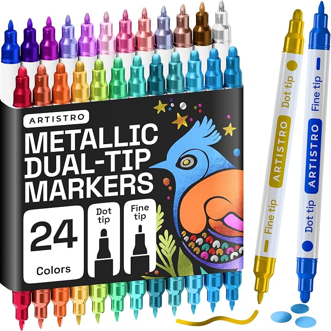 ARTISTRO 24 Metallic Dual-Tip Acrylic Paint Markers – Paint Pens Set with Dot & Fine Tips for Fabric, Rock, Glass, Wood, Coloring Books – Arts & Crafts Gift – Classroom Must Haves & School Supplies