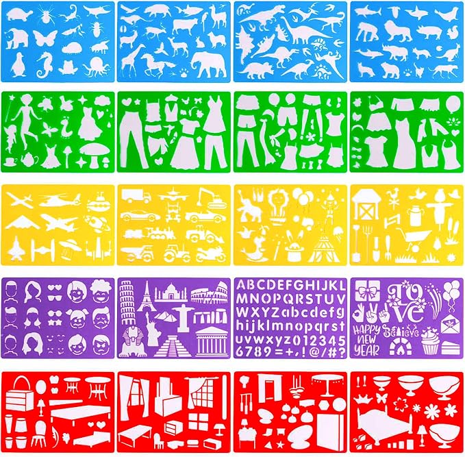 DIYASY 20 Pcs Drawing Stencils Set for Kids, Large Plastic Stencil Kit 344 Patterns Drawing Templates for Girls & Boys Gift