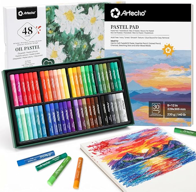 Artecho Oil Pastels Set of 48 Colors with Pastel Paper Pad, Pastels for Art Painting, Drawing, Blending, Art Supplies for Artists, Beginners, Students, Teachers (10 x 70 mm)