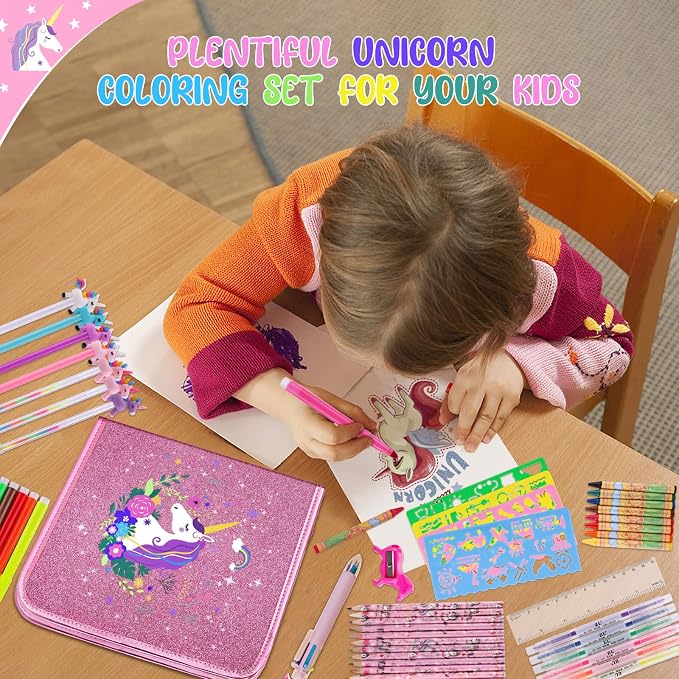 MAIGOZON Unicorn Art Supplies for Girls Ages 4-8 - 56 PCS Coloring Kit with Scented Markers, Gel Pens & Glitter Pencil Case, Kids Drawing Set Birthday Holiday Gifts for Girls 6 7 8