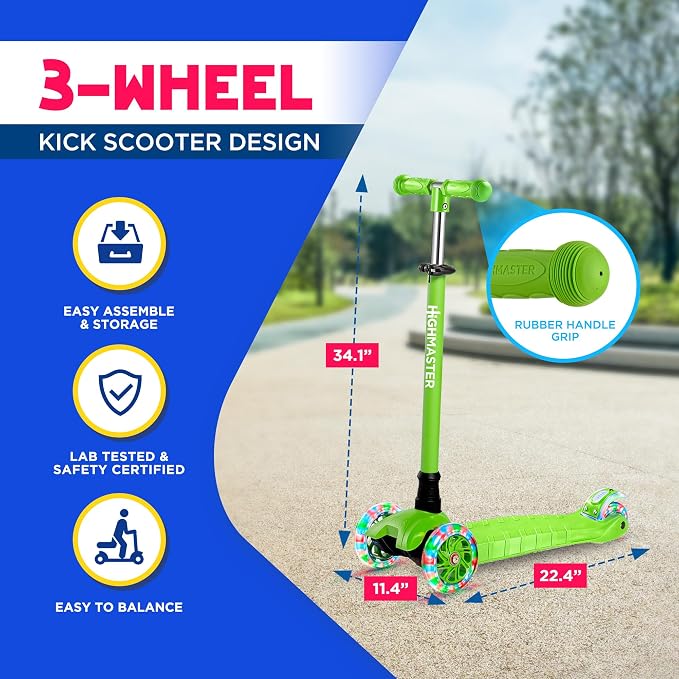 HighMaster Kids Scooter – 3 Wheel Kick Scooter for Children and Toddlers – Adjustable Handlebar with LED Wheel Lights – Indoor and Outdoor Fun