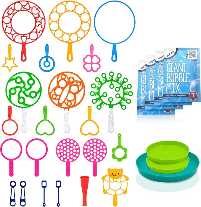 Giant Bubble Wands - Bubbles for Kids, Giant Bubbles, Bubble Toys, Large Blowing Rings, Variety Shapes Set for Big Soap Bubbles, Includes Huge Bubble Mix Solution Kit 29 Pack