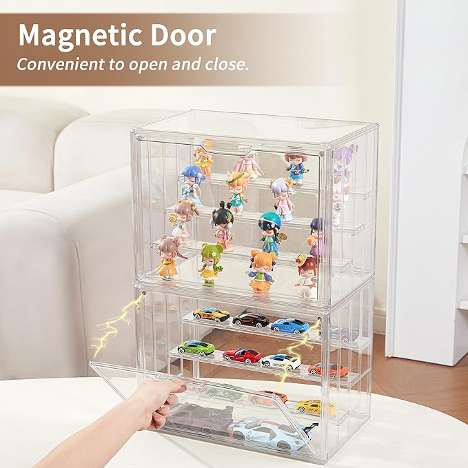 4 Pack Display Case for Collectibles 4 Layer Updated Adjustable Acrylic Display Case with Magnetic Door Clear Stackable Display Box Hobby Display Cases for Figures