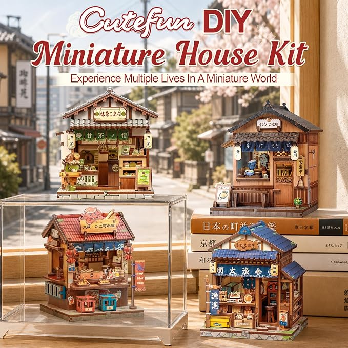 Cutefun DIY Miniature House Kit, 146 Pcs 3D Wooden Puzzle Tiny House Mini House Building Kit for Beginners & Teens – Palm-Sized DIY Japanese Booknook Dollhouse for Bookshelf Decor (Osaka Takoyaki)