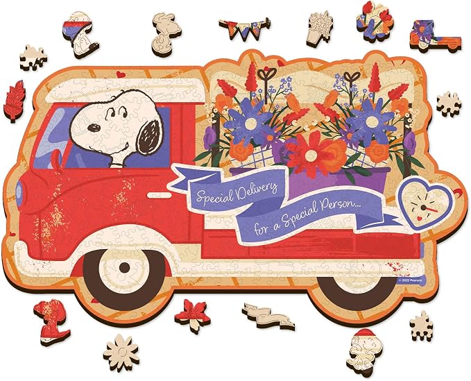 Peanuts Snoopy Puzzles for Adults – 300 Pieces Unique Shaped Flower Car Wooden Jigsaw Puzzles, Birthday Gift for Family, 5MM Thick, Officially Licensed Merchandise – Blooms on Wheels, 17.7" x 10.4"