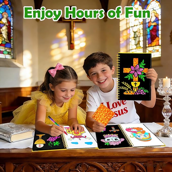 FUNNYB&G Foil Art Craft Kit for Kids 4-10 Years Old: Mess-Free & No-Glue, Create 16 Sparkly Christian Pictures – Perfect Travel Toy & Birthday Gift for Kids (Christian)