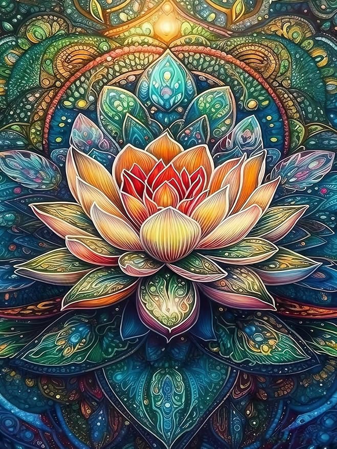 CHWGLFGG Mandala Lotus Diamond Painting Kit for Adults, 5D Full Round Drill Diamond Art Beginners Canvas for Home Wall Decor, DIY Paint by Diamonds Dot Gem Craft12x16 Inch