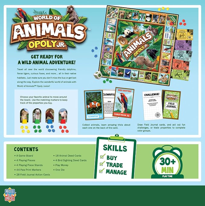 MasterPieces Kids & Family Board Games - World of Animals Opoly Jr. - Officially Licensed Board Games for Kids, & Family
