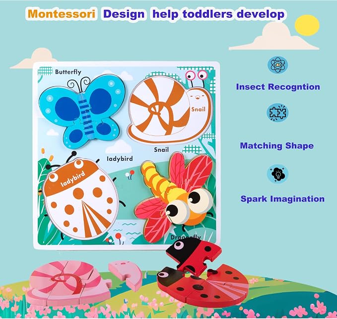 Wooden Chunky Jigsaw Puzzles for 18-24 Months Baby Toddlers Girls Boys Jumbo Base Puzzle Ages1-3 Popular Gifts for Toddler 1+ Year Old