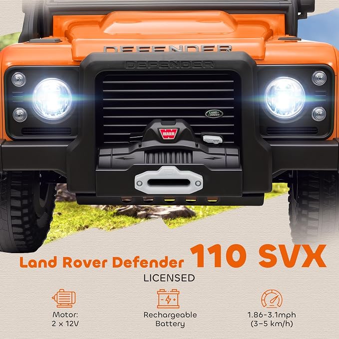 Qaba Land Rover 110SVX Licensed Electric Car for Kids, 12V Battery Powered Kids Ride On Car with Remote Control, Dual Motors, Spring Suspension, LED Lights, 3 Speeds Ride On Truck, Orange