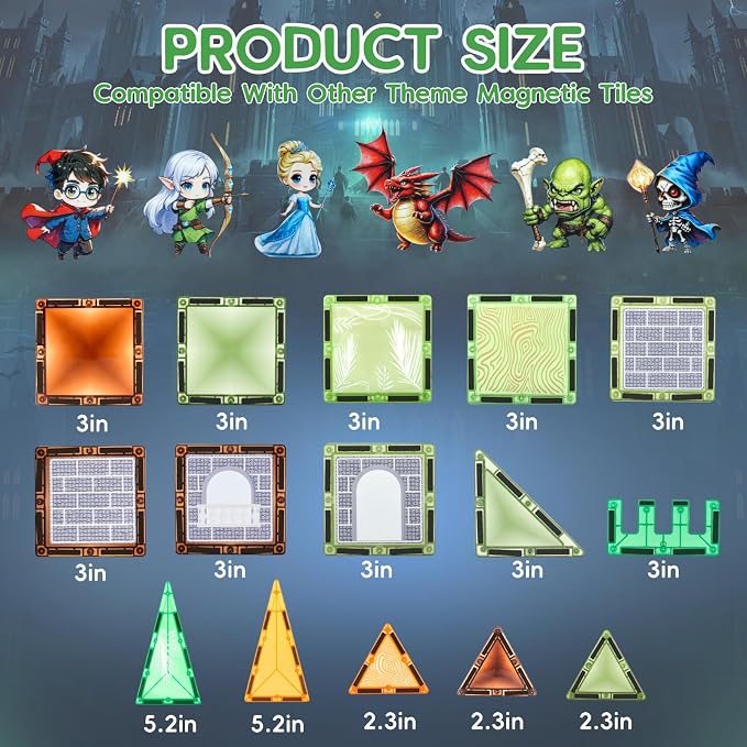Dragon & Princess Magnetic Tiles for Kids 5-8 – Fantasy World Building Blocks with Monster, Wizard, Elf, Skeleton, STEM Toy for Boys & Girls, Christmas Birthday Gift