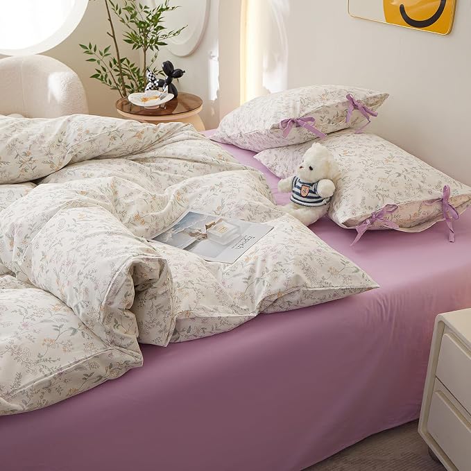 Vintage Floral Comforter Set Twin XL, Cottagecore Aesthetic Cute Flower Pattern Comforter for All Seasons, Lightweight Coquette Bedding Set Flowers Botanical Comforter with 2 Bow Ties Pillowcases