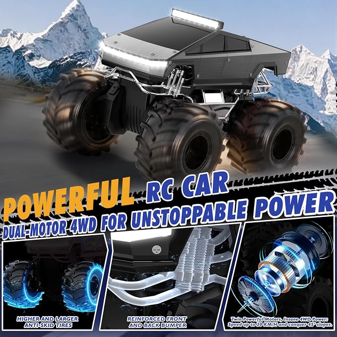 Qrytoi Waterproof Remote Control Car for Boys, 2.4GHz Amphibious RC Car, 1:18 4WD All-Terrain Monster Truck Toy with 360°Rotation and Non-Slip Tires, Toy Gift for Boys and Girls (Grey)