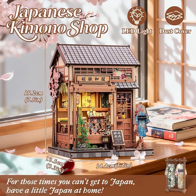 CUTEBEE Book Nook Kit - Japanese Sakura Kimono Shop DIY Dollhouse 3D Wooden Puzzle Booknook for Adults and Teens, Miniature House Bookshelf Decor, Ideal Gift for Family and Friends