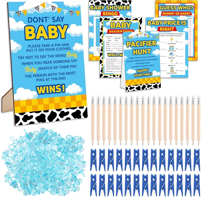 327 Pcs Cartoon Story Baby Shower Game Supply for Girl or Boy Include 200 Activity Card 25 Pencil 1 Don't Say Baby Sign 50 Clothespin 1 Pacifier Hunt Sign 50 Pacifier for Price Is Right Party Decor