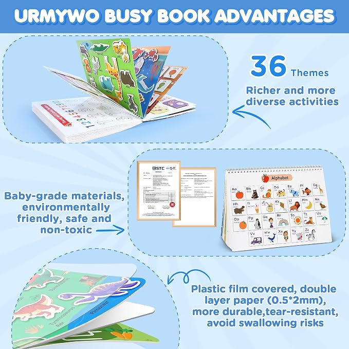 URMYWO Montessori Preschool Busy Book for Toddlers Ages 3-5, Preschool Learning Activities with Tracing, Matching & Coloring, Travel Activity Learning Book for Car Rides and Quiet Time