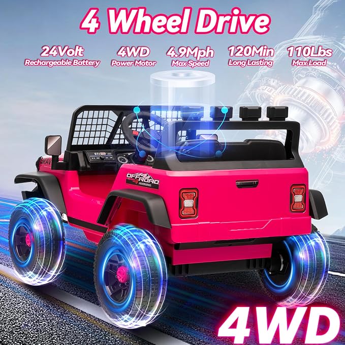24V Jeep Power Wheels w/Remote Control, 4WD Ride on Truck Car, 3 Speed, Bluetooth Music, Wide Seat, Spring Suspension, LED Light, Birthday for Boys Girls Toddler (Rosered)