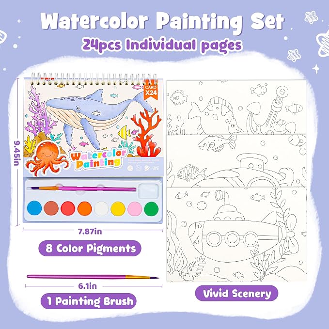 Watercolor Painting Coloring Books, Paint with Water Arts & Crafts Kit for Kids, Travel Activities Art Supplies Party Favors Exchange Birthday Gifts for Boys Girls, Spiral-Bound (Marine)