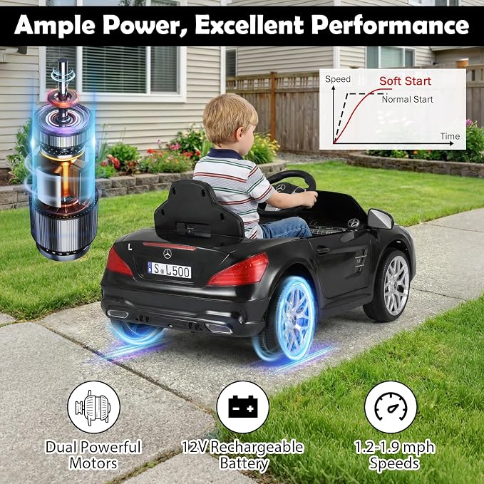 Costzon Ride On Car, 12V Licensed Mercedes Benz Electric Vehicles with Parent Remote Control, LED Headlights, Music & Wireless Connection, Kids Car for Boys Girls Aged 3-8 (SL500,Black)