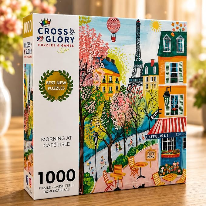 Cross & Glory – Morning at Café Lisle – 1000 Piece Jigsaw Puzzle for Adults | Paris Folk Art Puzzle | Bright Eiffel Tower Café Scene | Premium Quality 1000 Piece Puzzle for Adults