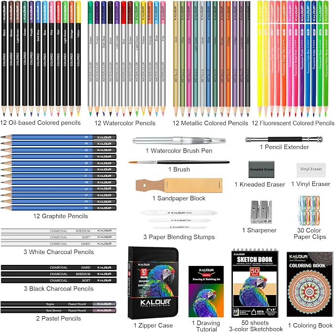 KALOUR PDAS 112 Drawing Set Sketching Kit, Pro Art Supplies with 3-Color Sketchbook & Coloring Book, Neon, Colored, Watercolor, Metallic, Graphite, Charcoal Pencils, Gift for Artists Adults Teens