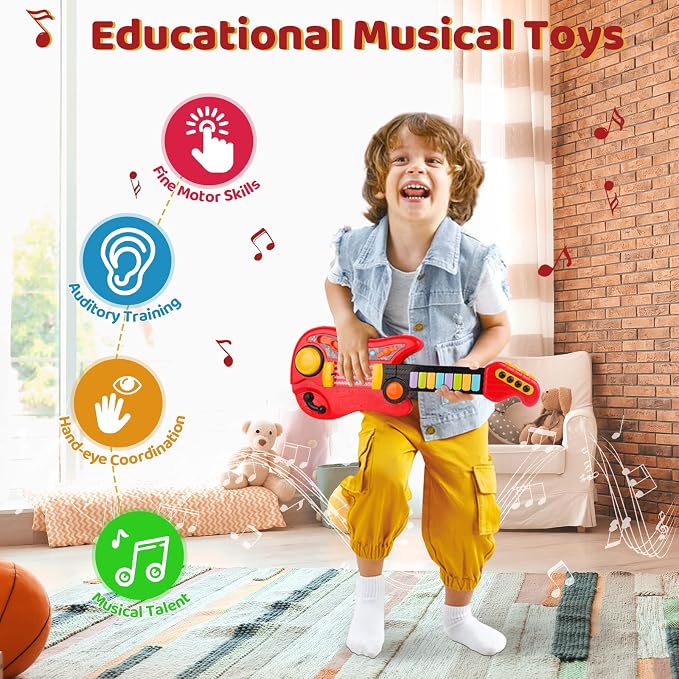 Kids Guitar 2 in 1 Musical Instruments for Kid - Fun Piano Toddler Toy & Electric Guitars | Explore Creativity | Unleash Child’s Talent, The Best Music Toys for Boys & Girls! (Red)