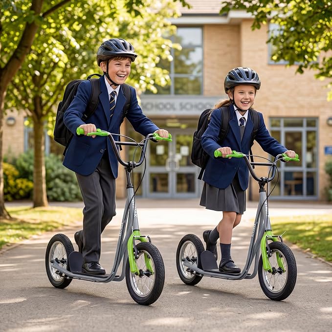 GYMAX Scooter, Kids & Adults Off-Road Scooter with 12" Inflatable Wheels, Adjustable Height Handlebar, V-Type Handbrakes & Axle Pegs for All Terrain, 8+
