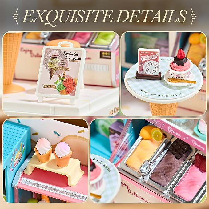 Miniature Ice Cream Shop DIY Kit with Display Case | Acrylic Display Case, Ice Cream Shop Dollhouse Craft Kit, Tool-Free Mini House for Teens, Adults & DIY Hobbyists
