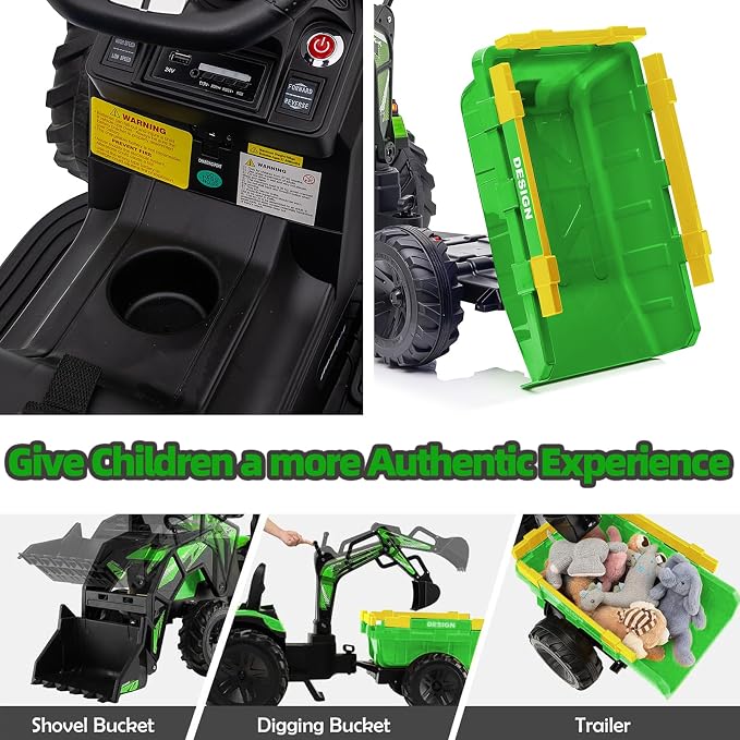 3 in 1 Ride on Tractor, 24V Ride on Toy for Big Kids, Excavator Bulldozer - Battery-Powered Electric Vehicle w/Trailer, Digger, Remote Control, LED Lights, Music, USB, Battery Powered, Green