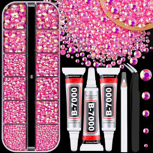 Resin Jelly Rhinestones for Crafting with B7000 Jewelry Glue, 1 Box Hot Pink AB Flatback Crystal with 3Pcs 10ml Glue, Bedazzling Non Hotfix Gems for DIY Tumblers Clothing Shoes Manicure