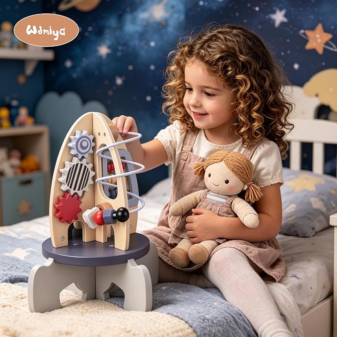 Wdmiya Space Wooden Activity Cube Toys for Baby, Montessoritoys for 1 Year Old Boy & Girl Birthday Gifts, Sensory and Educational 1st Birthday Gifts, Busy Board Toys for Baby Boy 6-18 Months (Rocket)