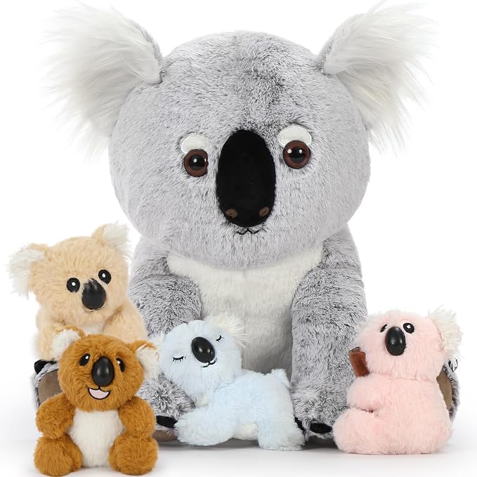 5 Piece Koala Plush Family Set, 17.7 Inch Mom Koala Stuffed Animal with 4 Baby Koala Plush Toys, Soft Koala Bear Plush with Zippered Back Pouch, Birthday for Kids