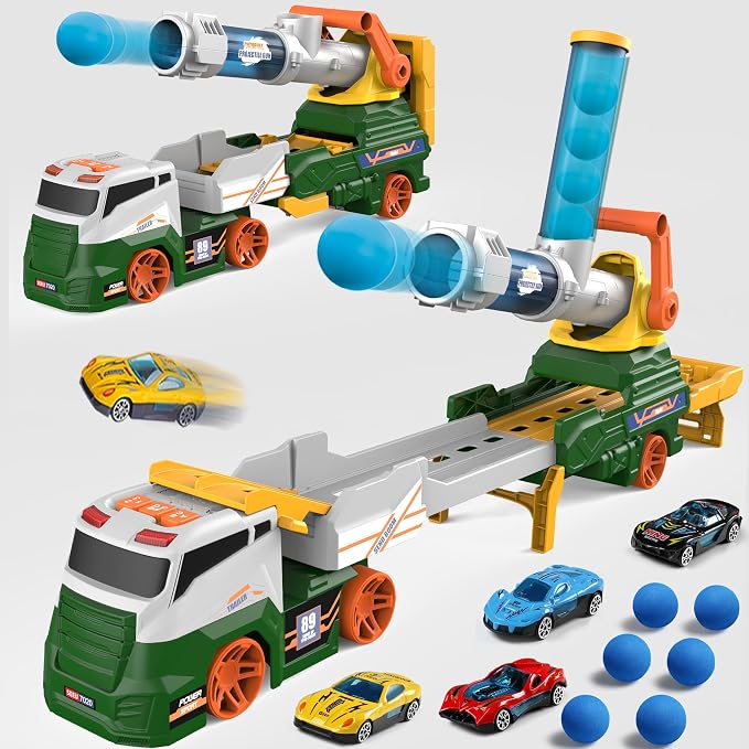Dwi Dowellin Trucks Toys for Kids, 28" Large Car Toys Include 4 Racing Cars+6 Ball, with Light & Sounds, Eejection&Shooting Transport Cars Toy Truck, Birthday Gifts for Boys Girls-Green