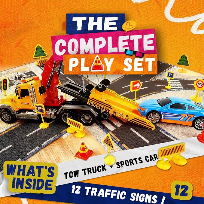 SMILESSKIDDO Toddler Boy Toys for 3 4 5 6 Year Old - 1:12 Large Friction Powered Tow Truck with Light & Sound, Sports Car & Road Signs, Birthday Gifts for Kids, Toddlers Gifts
