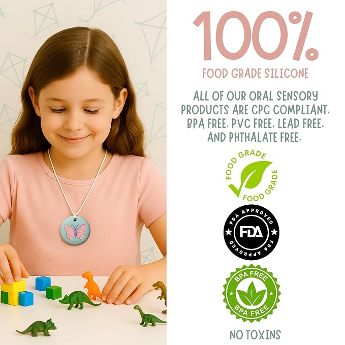 Whimsy Chew Necklaces for Sensory Kids | 5PCS Calm Colors Teething Toys | Chewy Necklace Sensory Toys for Kids with Autism | Premium Silicone Chewlery ADHD Tools | Fidget Necklace