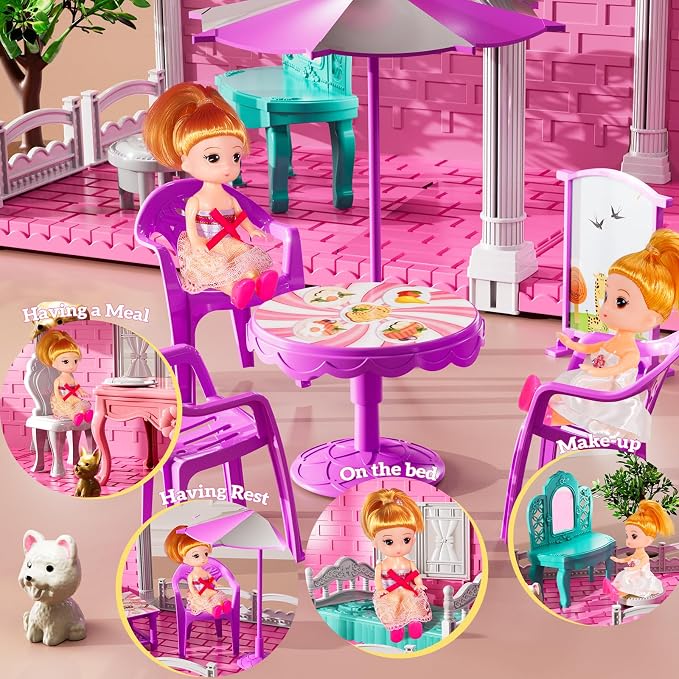JUKUDAHU Villa Playset for Girls Ages 3-7, Indoor Playset Girls Toys with 2 Storeys 3 Rooms 2 Dolls for Ages 6-8, Furniture and Accessories, Pretend Toddler Toy, Birthday Gifts for Kids 3 4 5 6 7 8