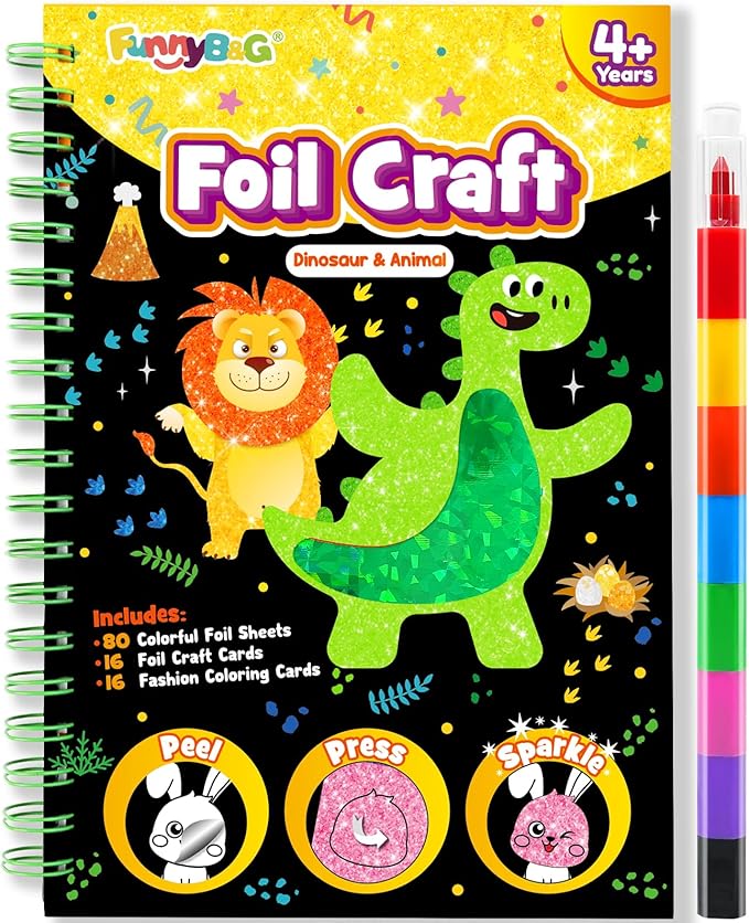 FUNNYB&G Foil Art Craft Kit for Kids 4-10 Years Old: Mess-Free & No-Glue, Create 16 Sparkly Dinosaur& Animal Pictures – Perfect Travel Toy & Birthday Gift for Kids (Dinosaur Animal)