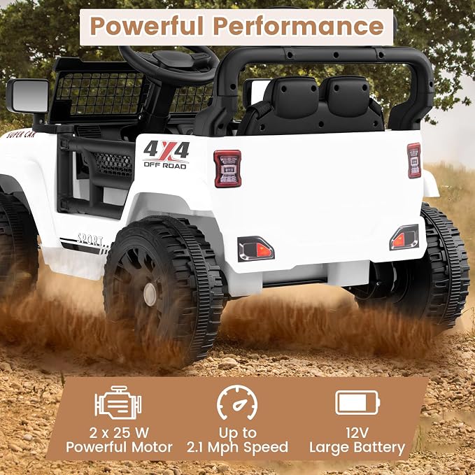 OLAKIDS 12V Ride On Truck, Battery Powered Electric Vehicle for Kids with Remote Control, Foldable Reflective Mirror, Spring Suspension, Music, LED Lights, Ride on Toy for 3+ Boys Girls (White)