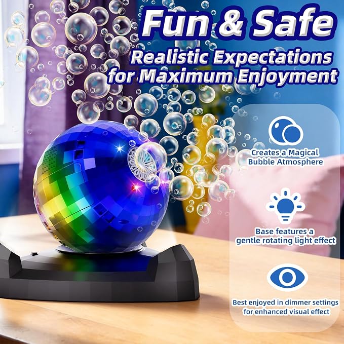 Bubble Machine for Kids & Toddlers 1-3, Automatic Disco Bubble Blower Maker with Bubble Toys, LED Lights & 360° Rotation, 10000+ Bubbles Per Min, Outdoor Game Toy for Easter Birthday Party