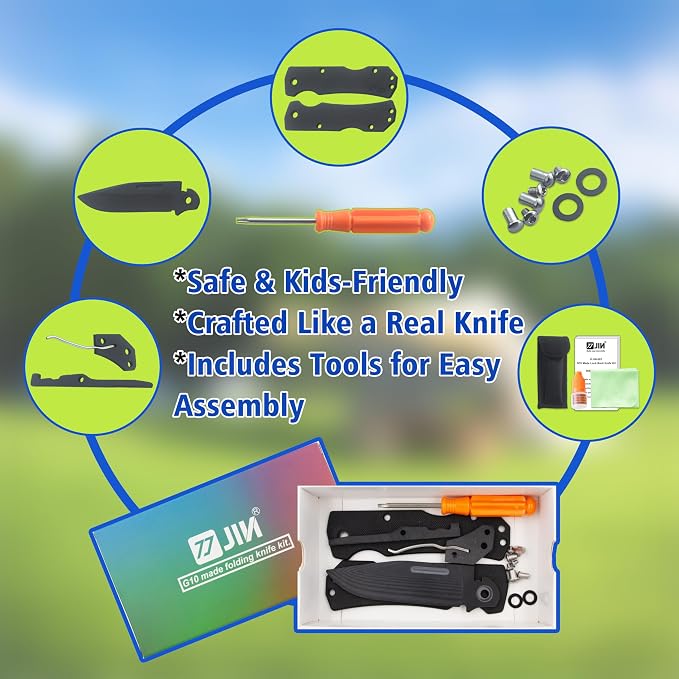 JIN Alpha Kids Pocket Knife, Safe Toy Knives, Dull G10 Blade, Folding EDC, DIY Making Kit, Fake Knife, Black G10 Blade Handle, Camping Tool
