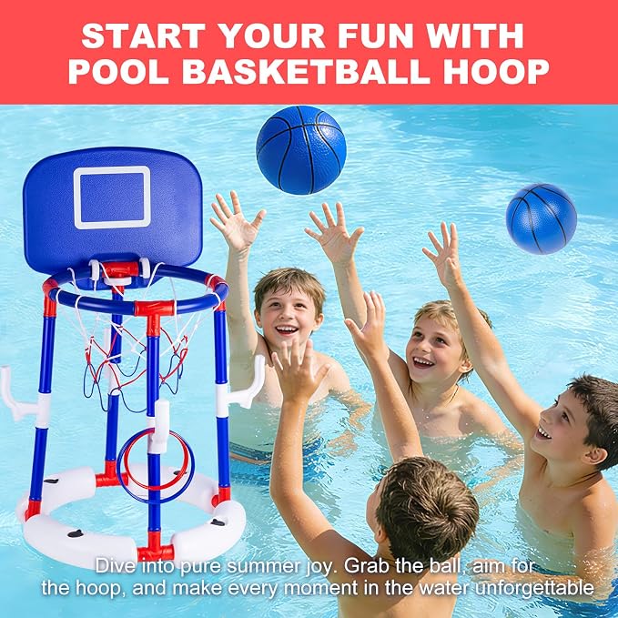 2-in-1 Floating Pool Basketball Hoop Set,Blue Swimming Pool Basketball Hoop with Backboard,4 Balls,6 Rings & Pump,Water Basketball Hoop for Pool Party Fun & Outdoor Indoor Pool Toys