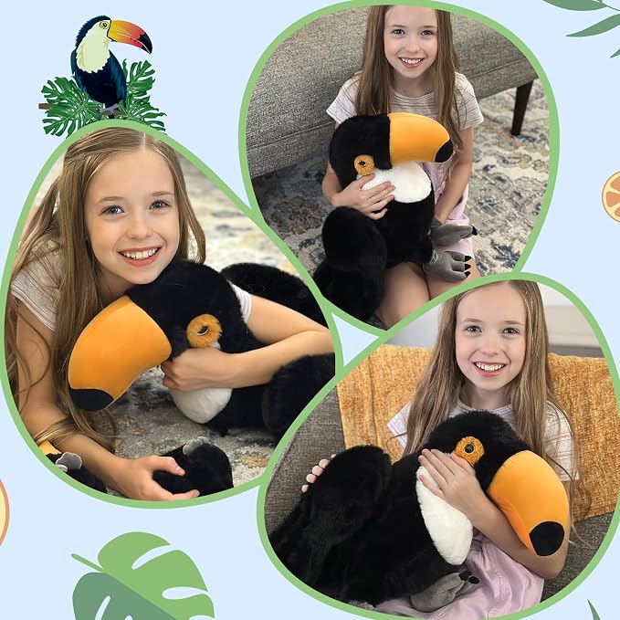MorisMos 24" Giant Toucan Stuffed Animal Mommy with 3 Baby Toucan Toys for Kid Girl Boy, Realistic Black Bird Plush with Baby Bird Toys Gift for Birthday, Tropical Rainforest Stuffed Animals Decor