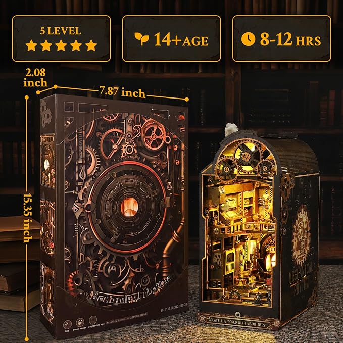 Book Nook, DIY Miniature House Kit, 3D Puzzle Wooden, LED Lights, Decor Crafts for Adults Teen Gifts(Steampunk Industria)